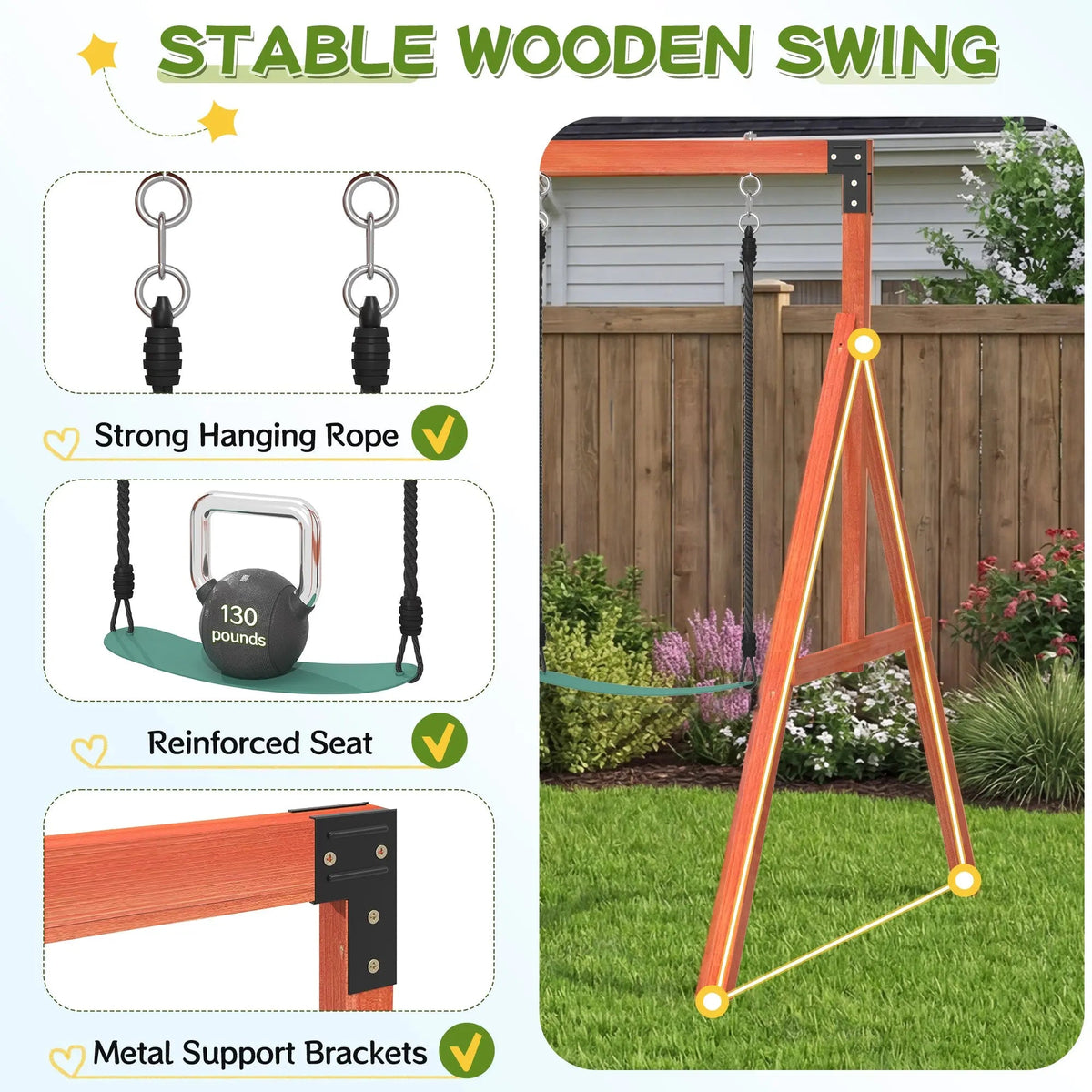 EROMMY Kids Outdoor Wooden Swing Set with Elevated Playhouse, Wave Slide, Belt Swings and Sandbox