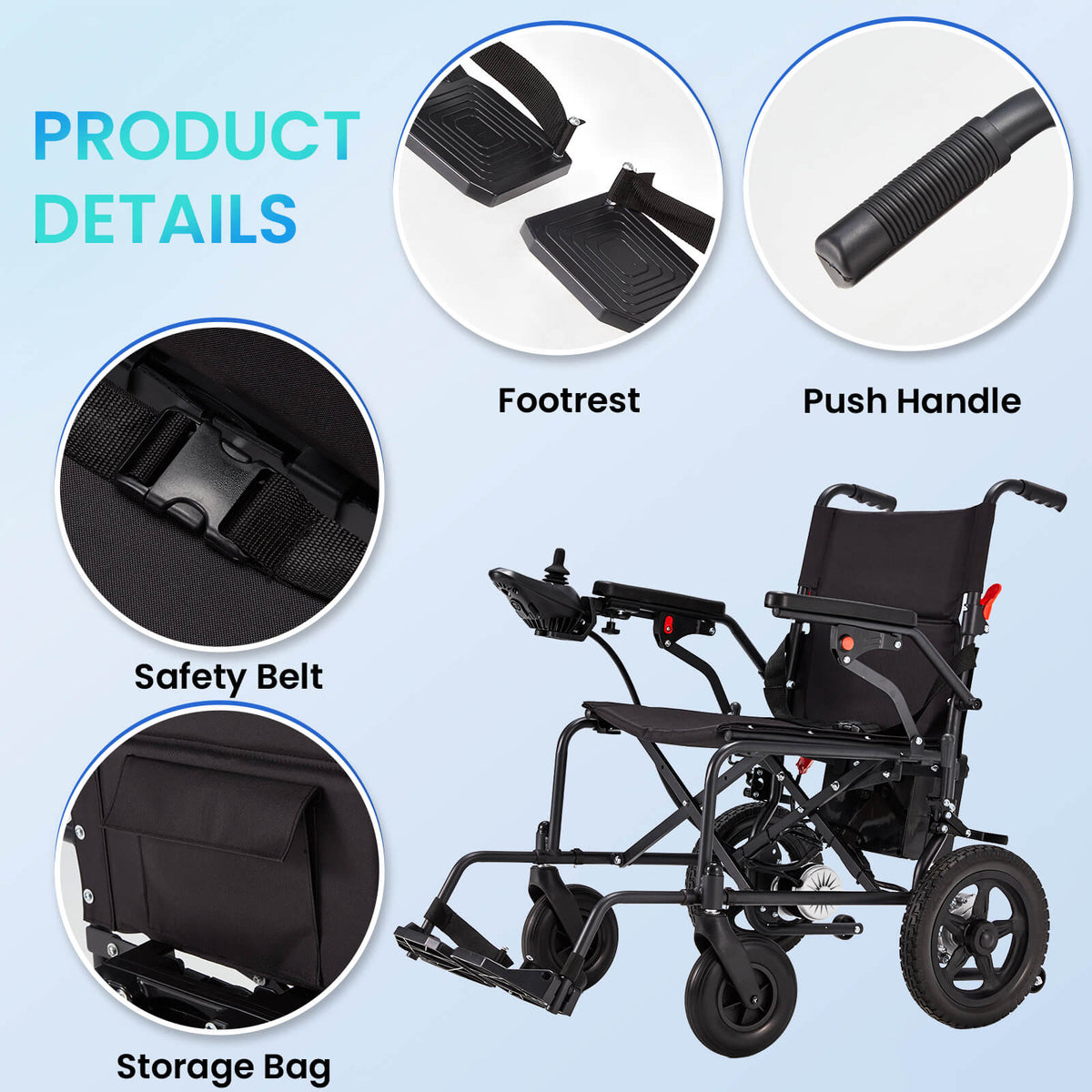 EROMMY Foldable Electric Wheelchair, Lightweight Power Wheelchair with 500W Dual Motor, Storage Bag, 15 Miles Long Range, Black
