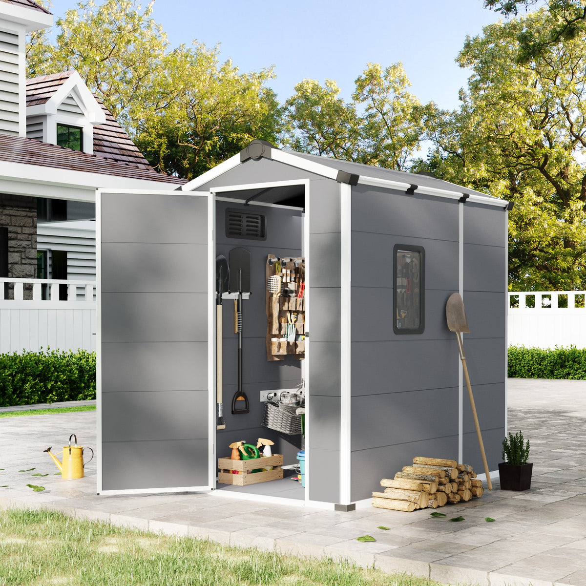 4x6 FT Outdoor Storage Shed, Weather-Resistant Shed with Lockable Double Doors & Built-In Floor, Sloped Roof Outdoor Shed for Backyard, Patio & Lawn, Gray