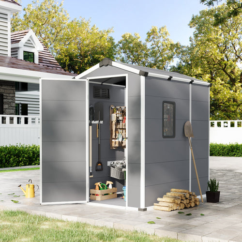 4x6 FT Outdoor Storage Shed, Weather-Resistant Shed with Lockable Double Doors & Built-In Floor, Sloped Roof Outdoor Shed for Backyard, Patio & Lawn, Gray