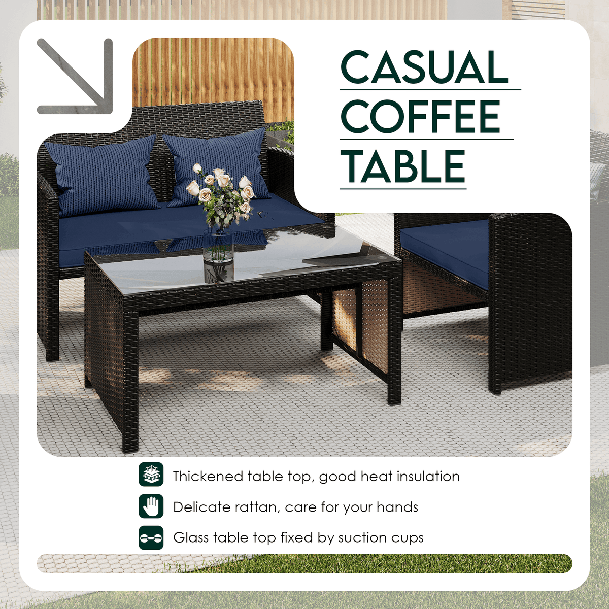 EROMMY 4-Piece Patio Furniture Set, Outdoor Wicker Patio Conversation Set with Cushions, Sofa & Glass Coffee Table, Navy Blue