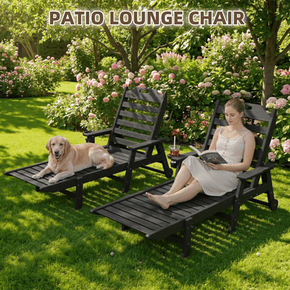 EROMMY 22" W Oversized Chaise Lounge Chairs, Adjustable HDPE Outdoor Chairs with Wheels & Cup Holder, Black