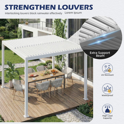 EROMMY 10' x 10' Outdoor Pergola with Adjustable Louvered Roof & Integrated Drainage, White