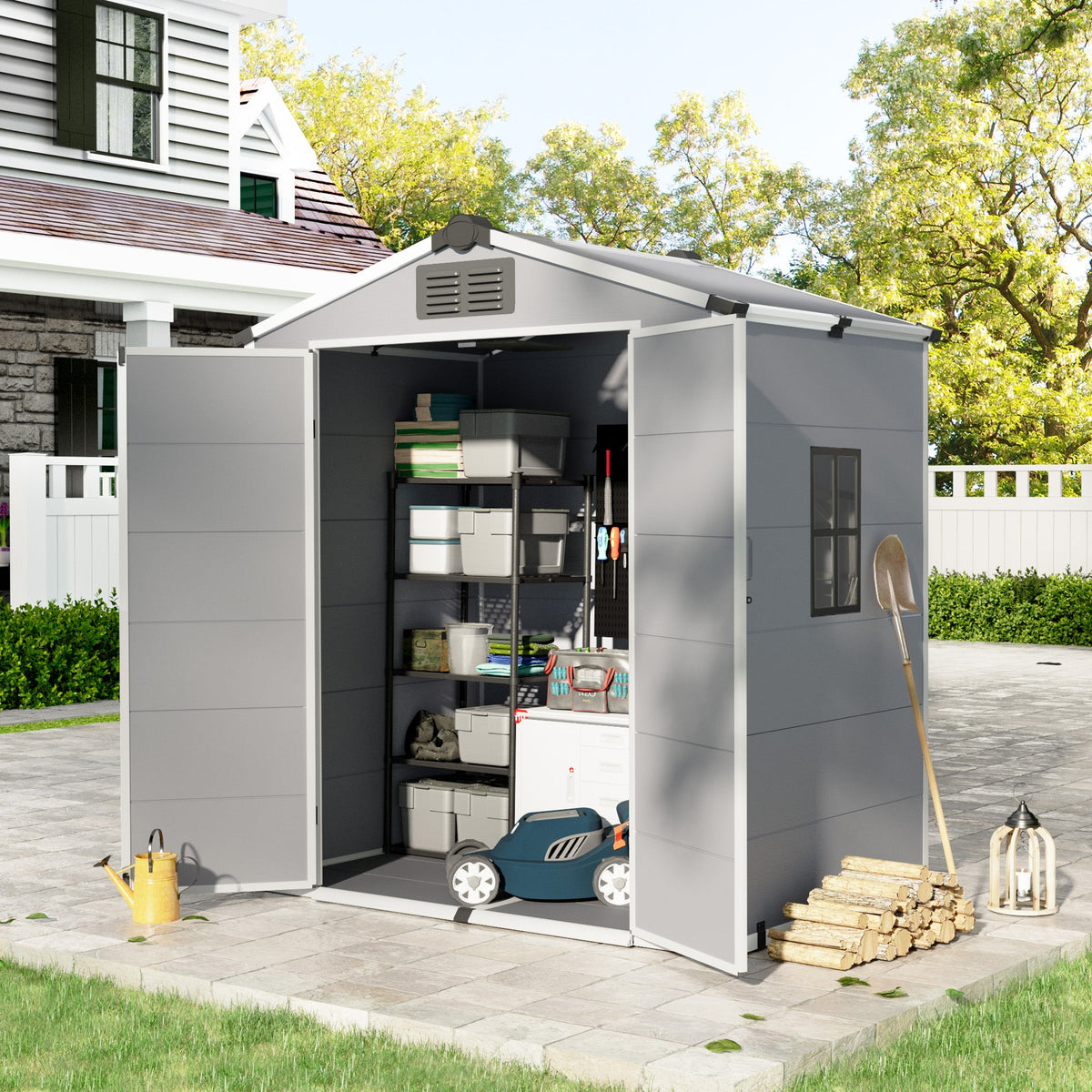 Erommy 6x4 FT Outdoor Storage Shed, Weather-Resistant Shed with Lockable Double Doors & Built-In Floor, Sloped Roof Outdoor Shed for Backyard, Patio & Lawn, Gray