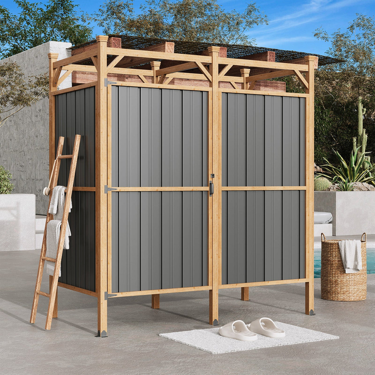 EROMMY Outdoor Shower Enclosure with Lockable Door, Weatherproof Outdoor Shower Stall with Metal Panels, Hooks & Shelves - Perfect for Pool Wash Station, Backyard & Beach Rinse Area Large Version