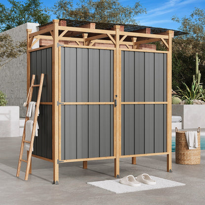 EROMMY Outdoor Shower Enclosure with Lockable Door, Weatherproof Outdoor Shower Stall with Metal Panels, Hooks & Shelves - Perfect for Pool Wash Station, Backyard & Beach Rinse Area Large Version