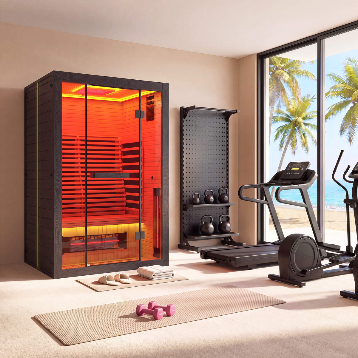 EROMMY 2 Person Infrared Sauna with Red Light Therapy, 360° Fast Heating, 7-Color LED & Bluetooth, Adjustable Seat, Black