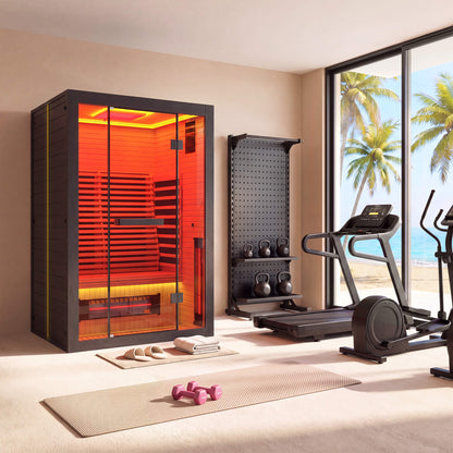 EROMMY 2 Person Infrared Sauna with Red Light Therapy, 360° Fast Heating, 7-Color LED & Bluetooth, Adjustable Seat, Black
