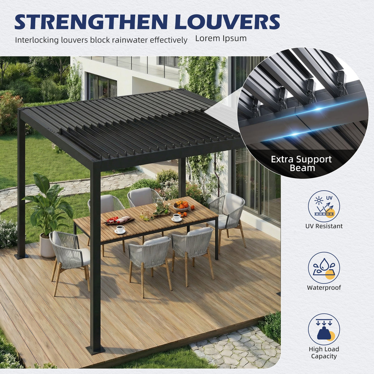 EROMMY 10' x 10' Outdoor Pergola with Adjustable Louvered Roof & Integrated Drainage, Black