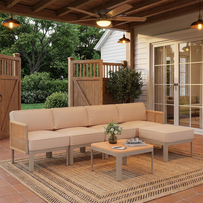 EROMMY 6-Piece Aluminum Outdoor Sectional Sofa Set with Ottoman, Cushions & Coffee Table, Beige