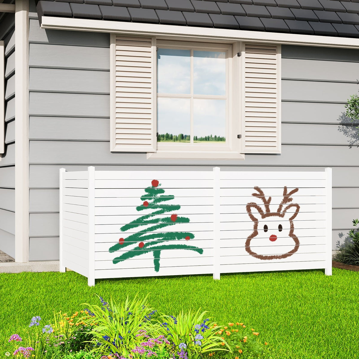EROMMY Outdoor Privacy Fence, 48in H x 48in W Air Conditioner Fence，No Dig Trash Can Fence, 3 Fence Panels Pool Equipment Enclosure, Horizontal PVC Privacy Screen with 18 in Ground Stakes,White