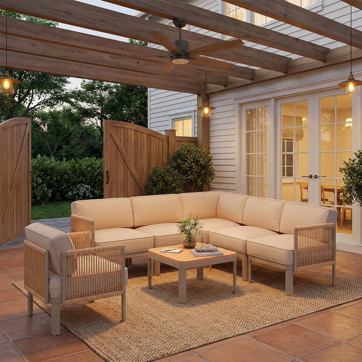EROMMY 7 Pieces Patio Sectional Furniture Set, Aluminum Frame Outdoor Conversation Set with Single seat, 6" Thick Cushions & Coffee Table, Beige