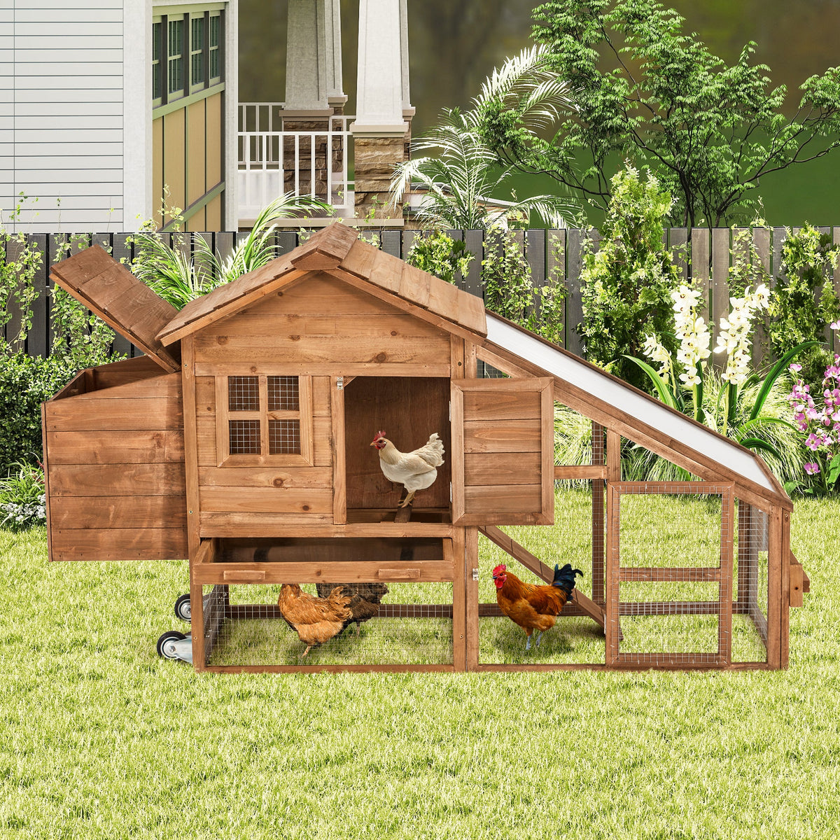 EROMMY Chicken Coop Large Wooden Chicken Tractor 71" with Nesting Box, Wheels, Waterproof Roof, Pull Out Tray, for 4-6 Poultry