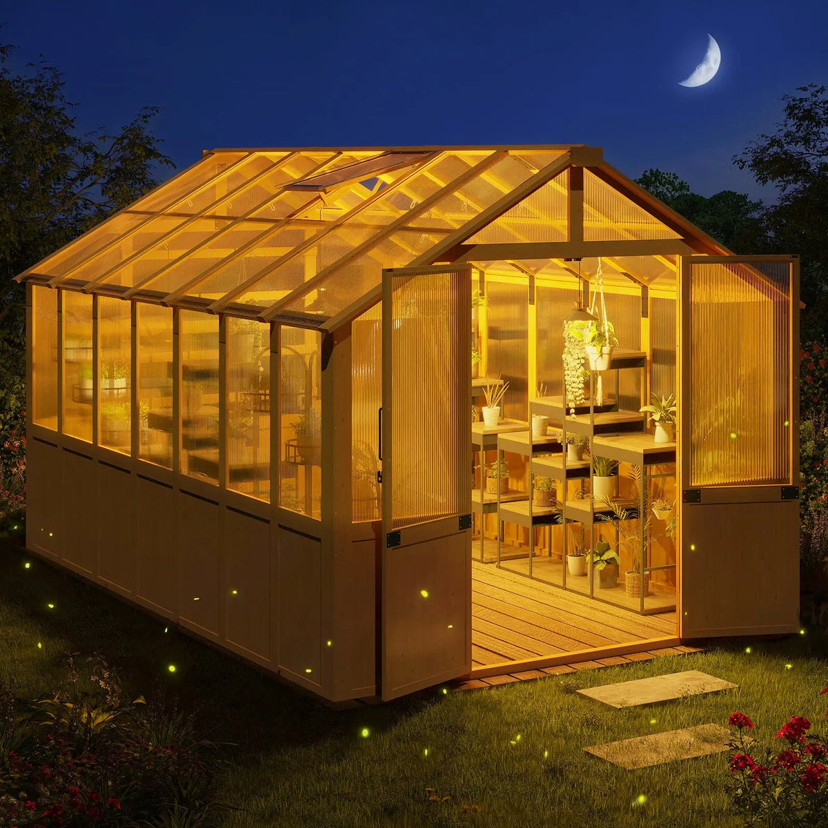 EROMMY 8x12 FT Wooden Greenhouse for Outdoors, Large Walk-in Greenhouse Kit with 4mm Polycarbonate Panels, Adjustable Roof Vent, Lockable Door, Outdoor Greenhouse for Backyard Garden