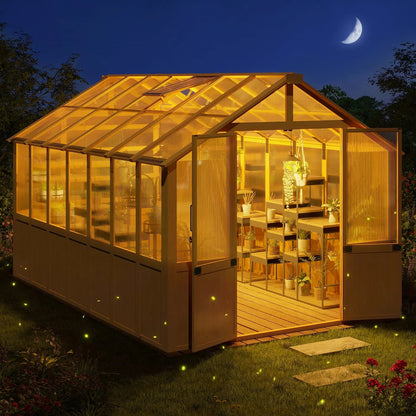 EROMMY 8x12 FT Wooden Greenhouse for Outdoors, Large Walk-in Greenhouse Kit with 4mm Polycarbonate Panels, Adjustable Roof Vent, Lockable Door, Outdoor Greenhouse for Backyard Garden
