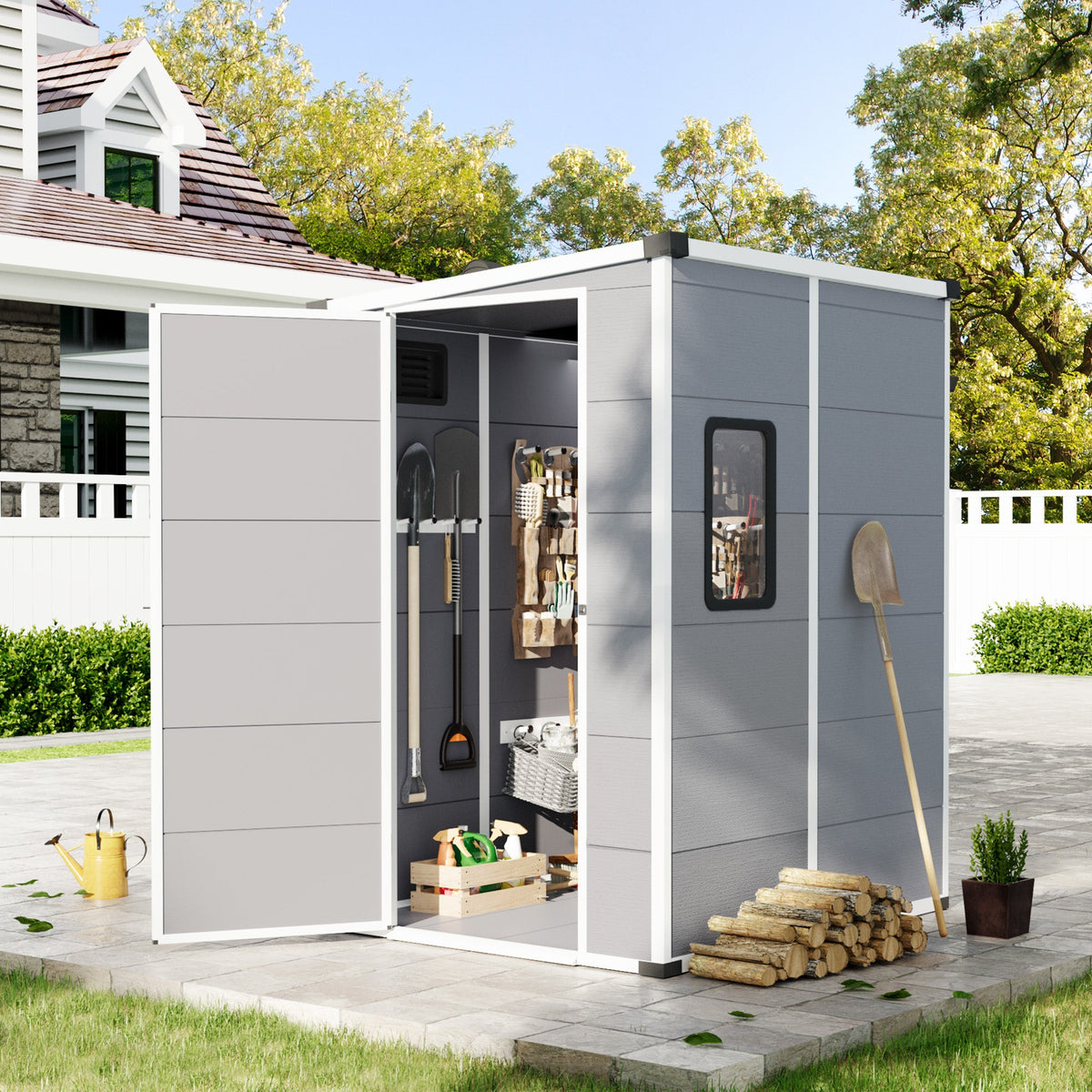 Erommy 4x5 FT Outdoor Storage Shed, Weather-Resistant Shed with Lockable Doors & Built-In Floor, Sloped Roof Outdoor Shed for Backyard, Patio & Lawn, Gray