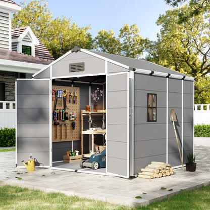 8x8 FT Outdoor Storage Shed, Weather-Resistant Shed with Lockable Double Doors & Built-In Floor, Sloped Roof Outdoor Shed for Backyard, Patio & Lawn, Gray
