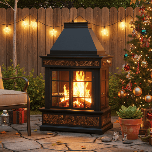 EROMMY 57" Outdoor Fireplace, Tile Finish Wood Burning Steel Fire Pit with Removable Ash Pan & Grate, Chimney, Fire Poker, Rain Cover