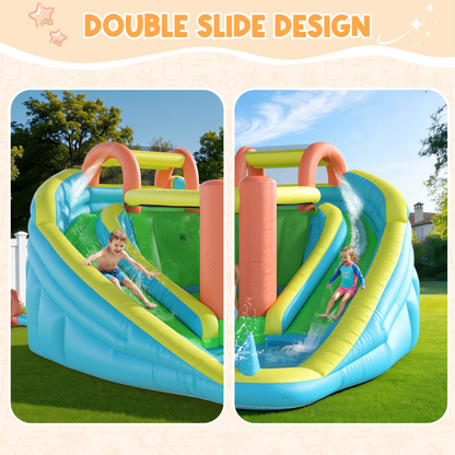 EROMMY Inflatable Bounce House with Double Slide, Bouncy Castle for Kids 3-12 with Blower, Water Cannon, Football Net, Jumping, Climbing Wall, Basketball Hoop, Backyard Water Park for Kids