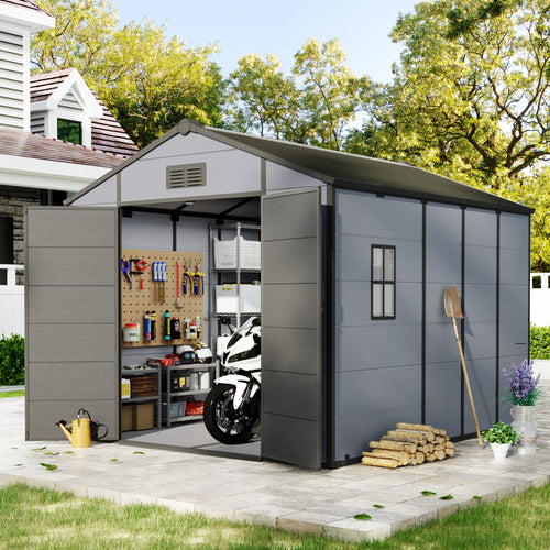 Erommy 8x10 FT Outdoor Storage Shed, Weather-Resistant Shed with Lockable Double Doors & Built-In Floor, Sloped Roof Outdoor Shed for Backyard, Patio & Lawn, Black
