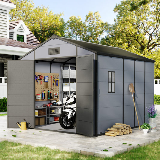 Erommy 8x10 FT Outdoor Storage Shed, Weather-Resistant Shed with Lockable Double Doors & Built-In Floor, Sloped Roof Outdoor Shed for Backyard, Patio & Lawn, Black