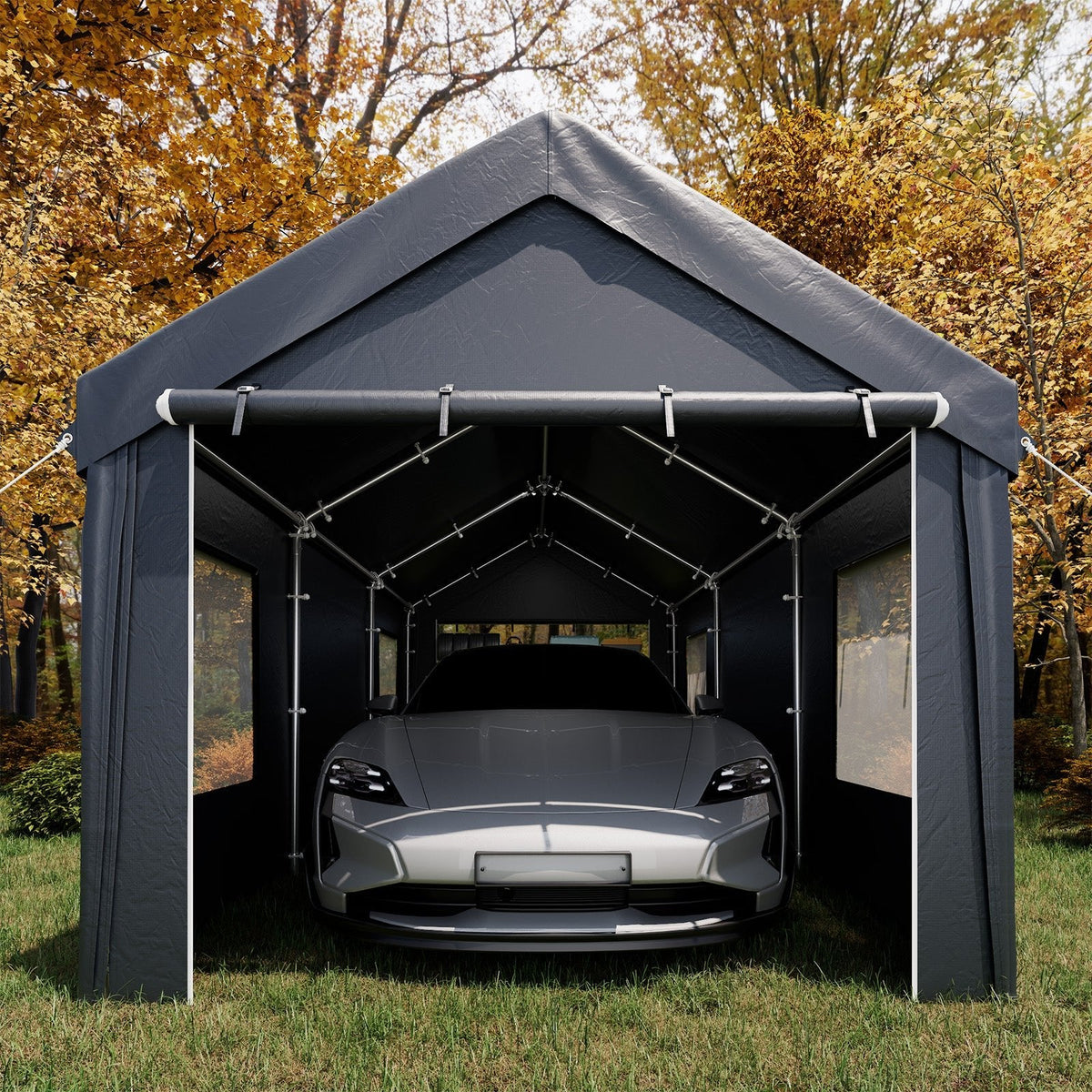 EROMMY Carport, 10' x 20' Heavy Duty Carport with Roll-up Windows，Portable Garage with Removable Sidewalls, Car Canopy for Truck, Tractor, Boat, Gray