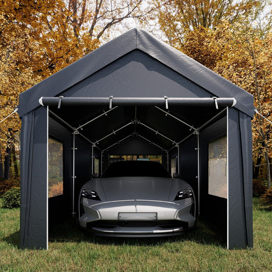 EROMMY Carport, 10' x 20' Heavy Duty Carport with Roll-up Windows，Portable Garage with Removable Sidewalls, Car Canopy for Truck, Tractor, Boat, Gray
