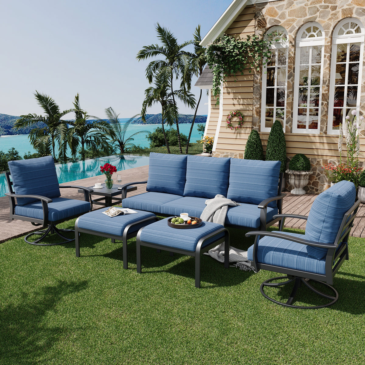 EROMMY Patio Furniture Sets 6 PCS Outdoor Metal Conversation Sets with Ottomans for Garden, Deck and Poolside, Blue