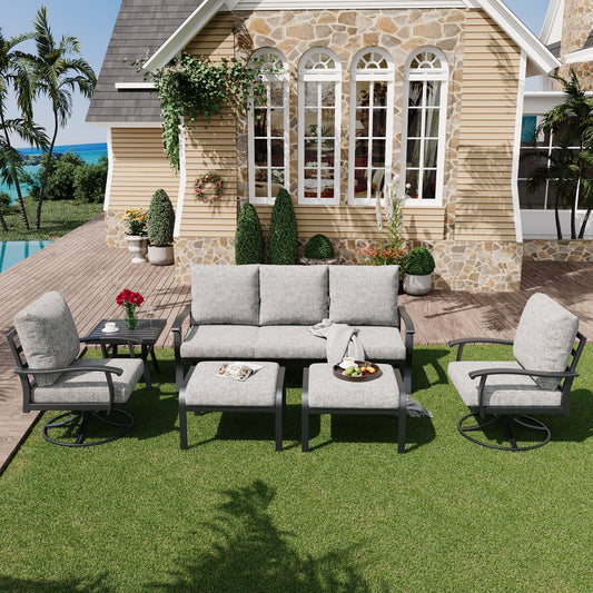 EROMMY Patio Furniture Sets 6 PCS Outdoor Metal Conversation Sets with Ottomans for Garden, Deck and Poolside, Gray