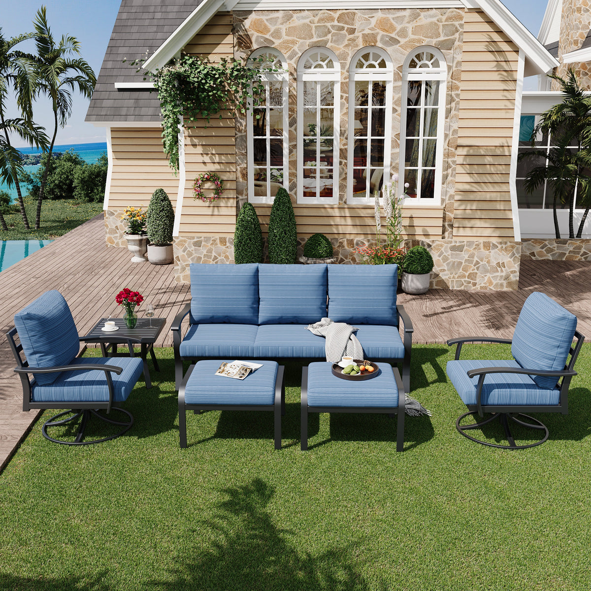 EROMMY Patio Furniture Sets 6 PCS Outdoor Metal Conversation Sets with Ottomans for Garden, Deck and Poolside, Blue