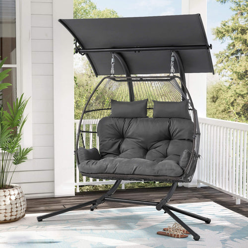 EROMMY Double Hanging Egg Chair with Stand, Wicker Loveseat Swing, Gray
