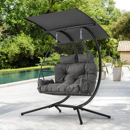 EROMMY Double Hanging Egg Chair with Stand, Wicker Loveseat Swing, Gray