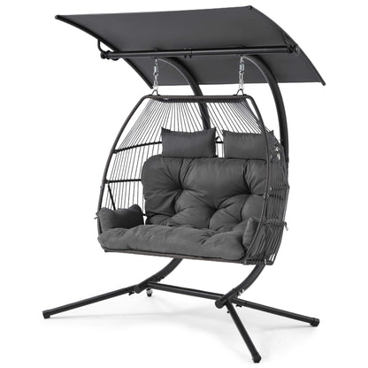 EROMMY Double Hanging Egg Chair with Stand, Wicker Loveseat Swing, Gray