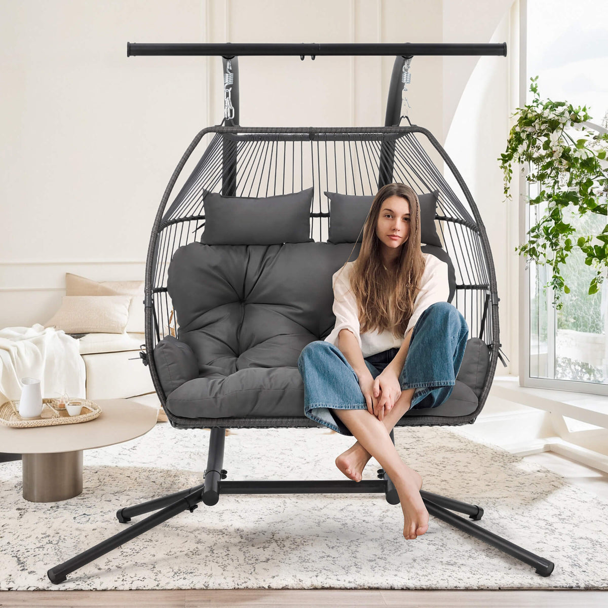 EROMMY Double Hanging Egg Chair with Stand, Wicker Loveseat Swing, Gray