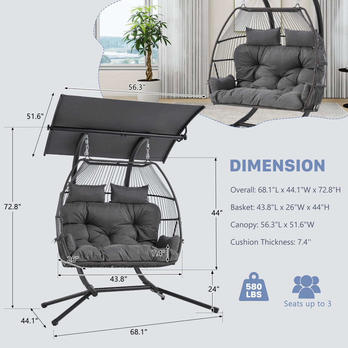 EROMMY Double Hanging Egg Chair with Stand, Wicker Loveseat Swing, Gray
