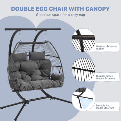 EROMMY Double Hanging Egg Chair with Stand, Wicker Loveseat Swing, Gray