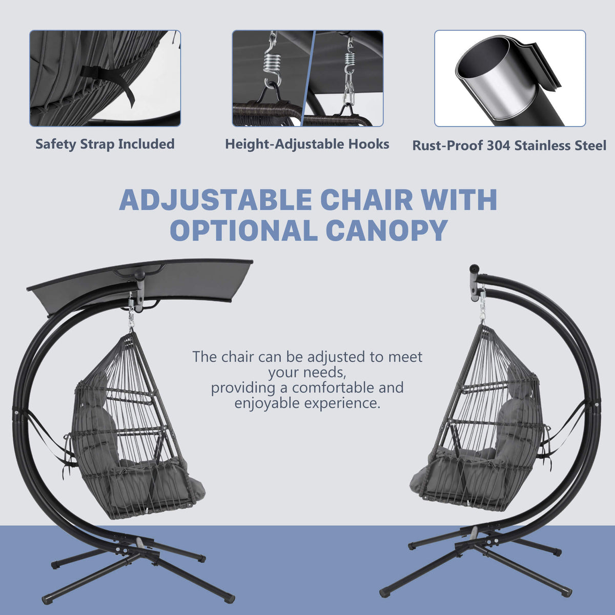 EROMMY Double Hanging Egg Chair with Stand, Wicker Loveseat Swing, Gray