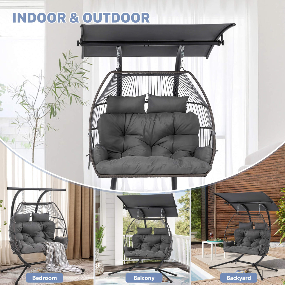 EROMMY Double Hanging Egg Chair with Stand, Wicker Loveseat Swing, Gray