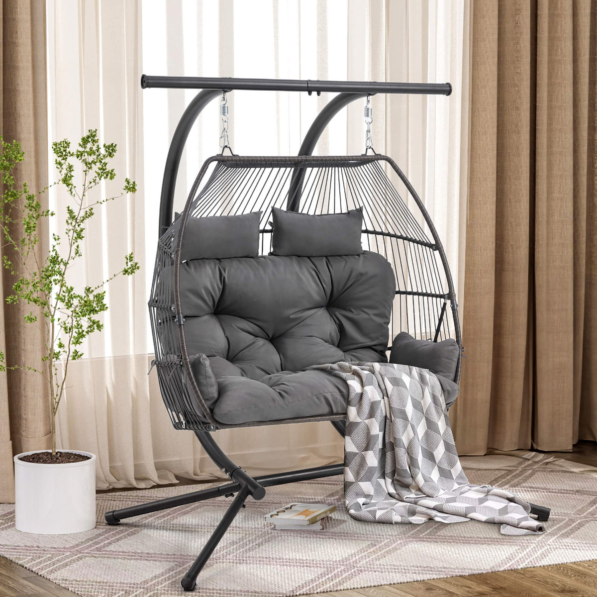EROMMY Double Hanging Egg Chair with Stand, Wicker Loveseat Swing, Gray