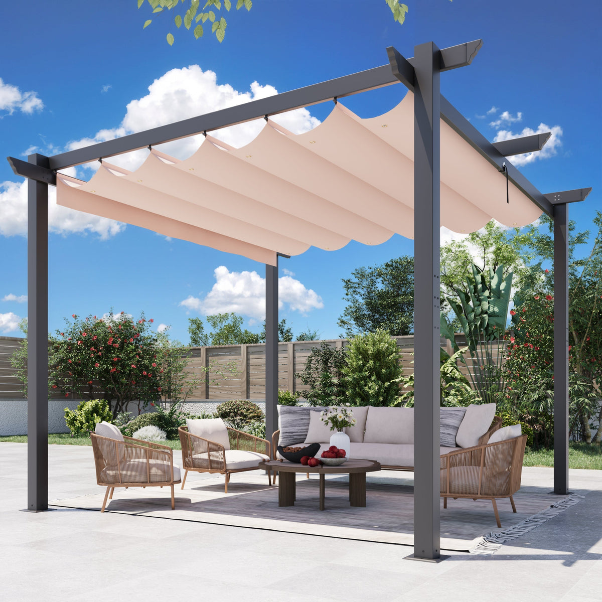 EROMMY Retractable Pergola 10x10 Ft, Upgraded Sun Shade with Waterproof Canopy, Durable Metal Patio Shelter with Magnetic Attachment for Backyard Garden Deck (Beige)