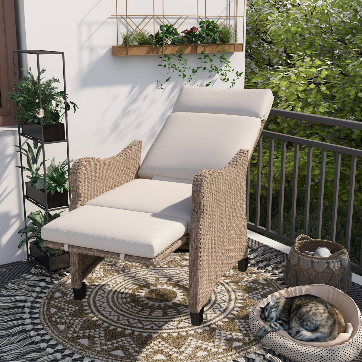 EROMMY Outdoor Wicker Recliner Chair with Footrest, Patio Rattan Armchair, Light Gray
