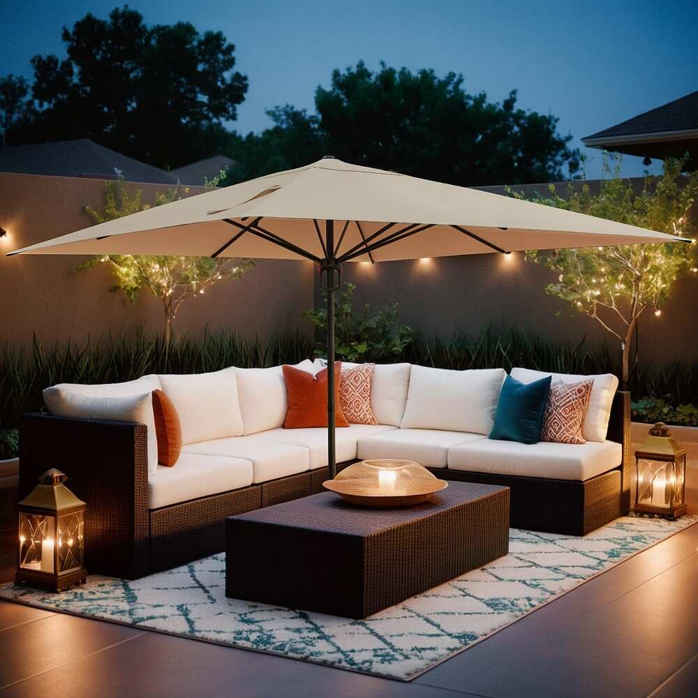 EROMMY Outdoor Patio Umbrella with Easy Button Click Mechanism, Ideal for Gardens and Parties, Beige