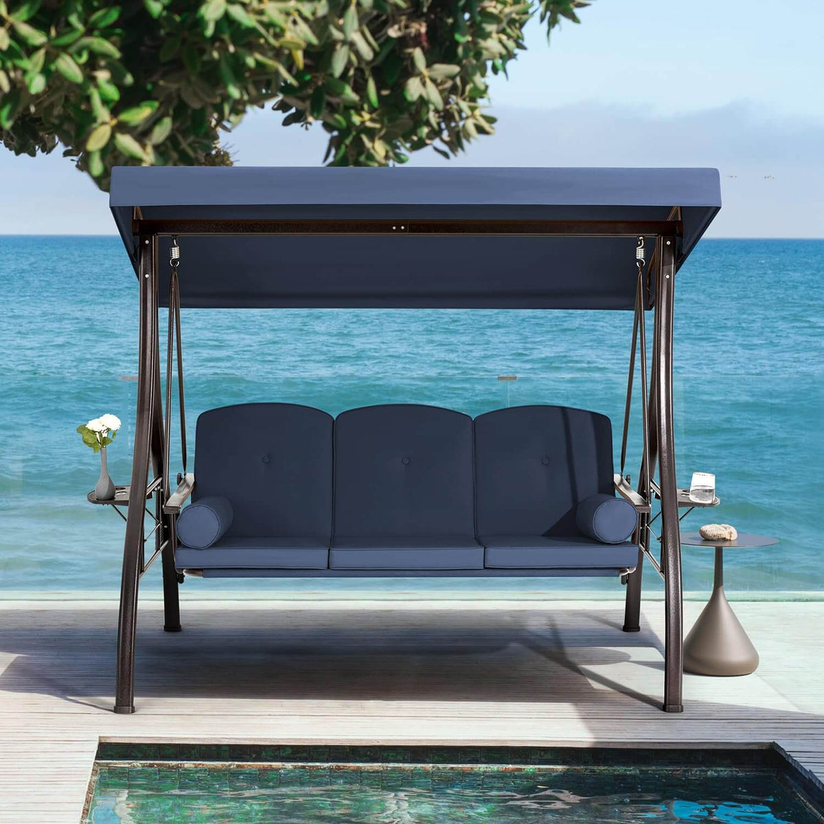 EROMMY 3-Seat Outdoor Porch Swing with Cup Holders, Adjustable Canopy and Backrest for Patio Garden Deck, Blue