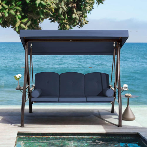 EROMMY 3-Seat Outdoor Porch Swing with Cup Holders, Adjustable Canopy and Backrest for Patio Garden Deck, Blue