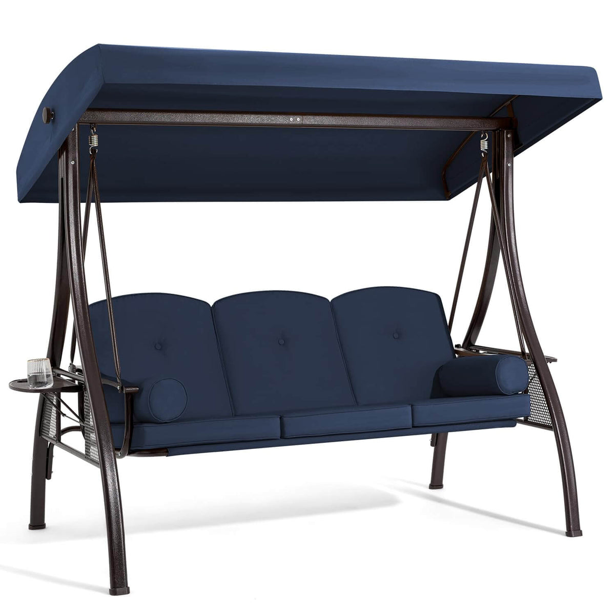 EROMMY 3-Seat Outdoor Porch Swing with Cup Holders, Adjustable Canopy and Backrest for Patio Garden Deck, Blue