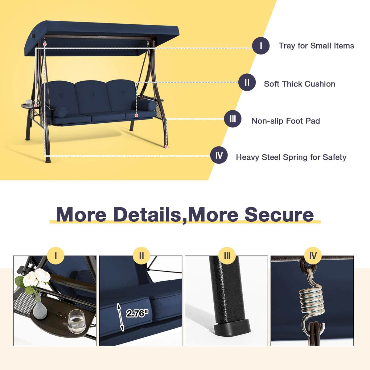 EROMMY 3-Seat Outdoor Porch Swing with Cup Holders, Adjustable Canopy and Backrest for Patio Garden Deck, Blue