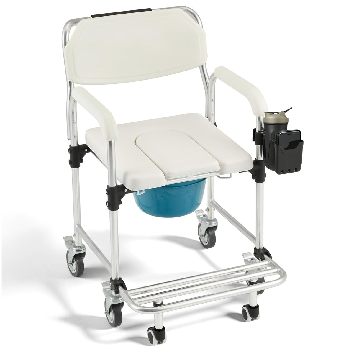 EROMMY Rolling Shower Wheelchair for Elderly, 4-in-1 Bedside Commode Chair, White