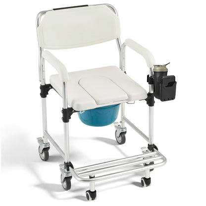 EROMMY Rolling Shower Wheelchair for Elderly, 4-in-1 Bedside Commode Chair, White