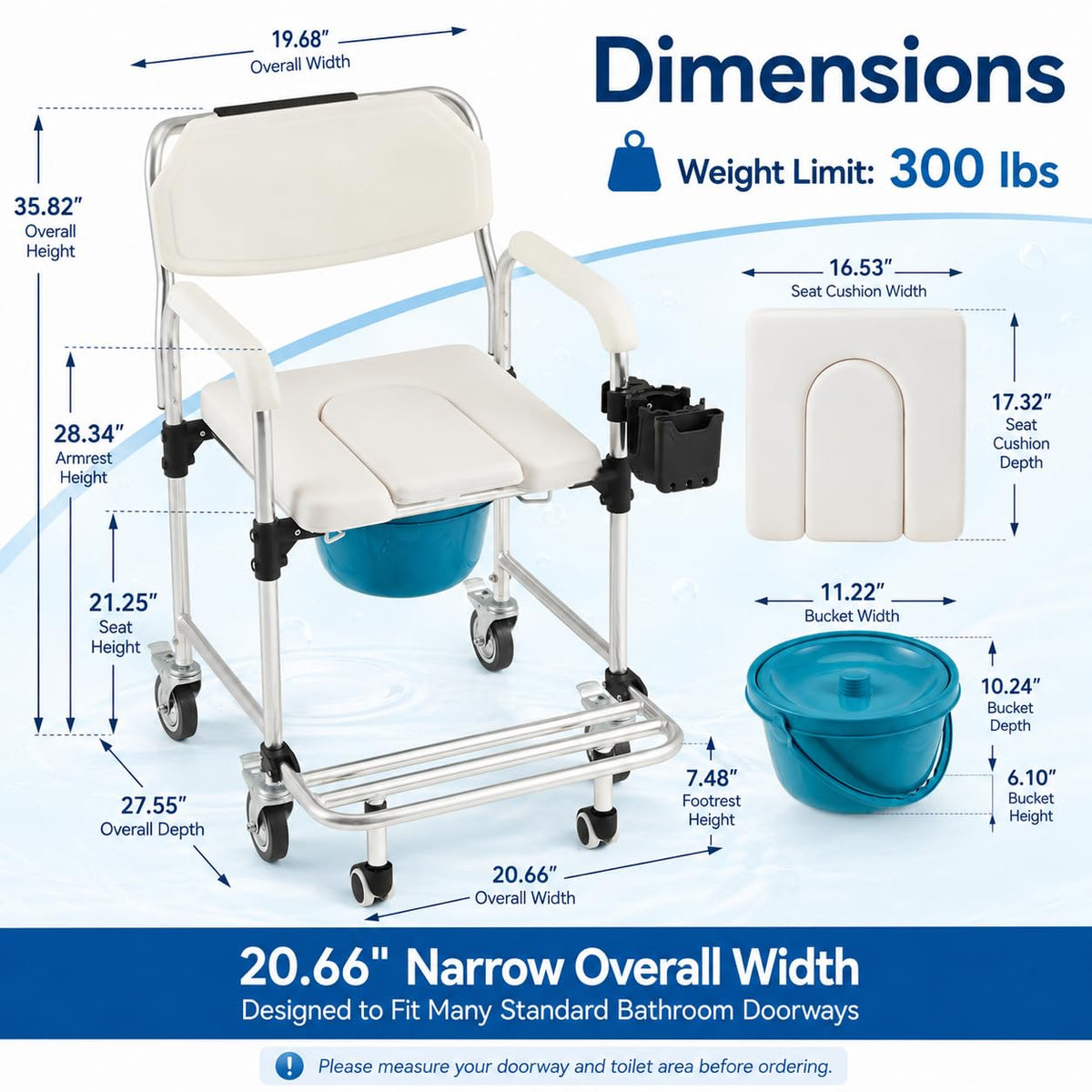 EROMMY Rolling Shower Wheelchair for Elderly, 4-in-1 Bedside Commode Chair, White