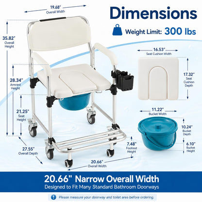 EROMMY Rolling Shower Wheelchair for Elderly, 4-in-1 Bedside Commode Chair, White